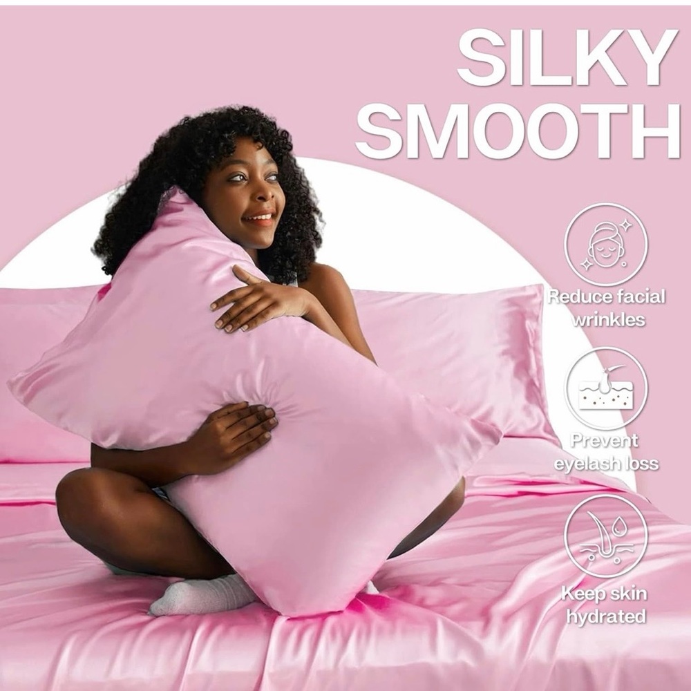 Pink Satin Silky Luxurious Queen Pillowcase Set Breathable Cooling Pillowcase - Picture 3 of 5